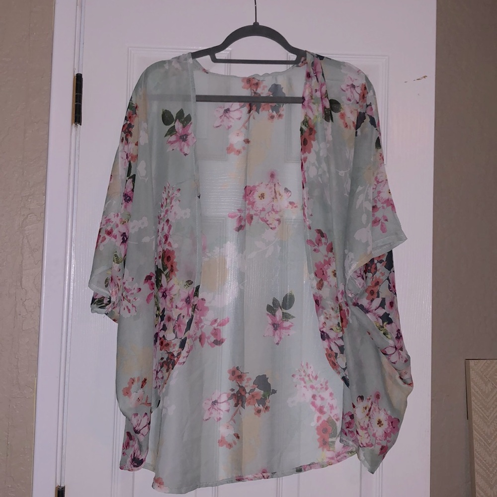 Mint green and pink floral kimono